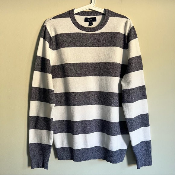 1901 Cotton Wool Knit Pullover Sz M Blue White Casual Sweater Striped Preppy - Picture 1 of 12